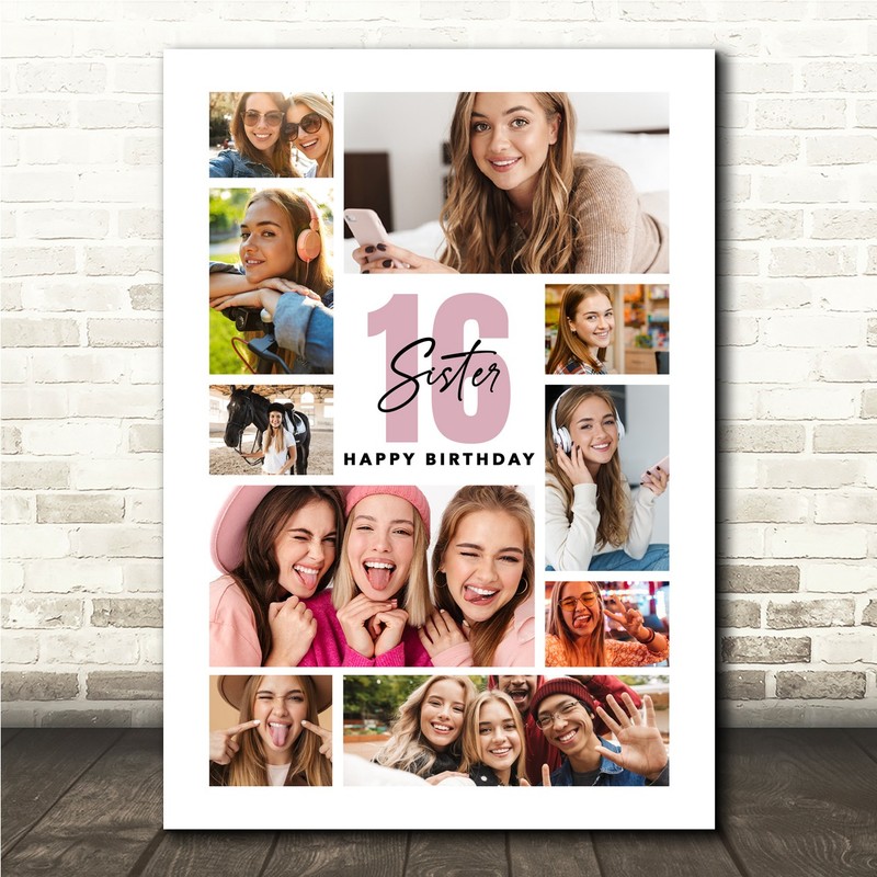 Photo Collage 16th Birthday Custom Gift For Sister 10-Photo Print Or Canvas