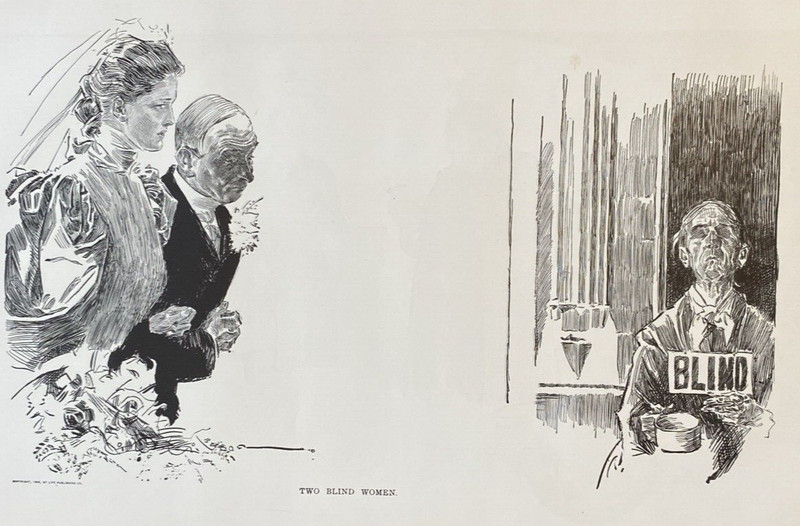 1907 Antique Art Print TWO BLIND WOMEN Charles Dana Gibson Girls Wedding Poverty