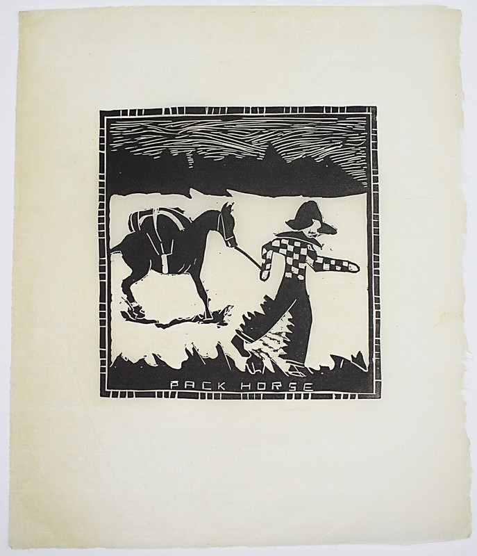 Primitive Folk Art Tile Cut on Paper ca1925 PACK HORSE 11″ x 14″ overall