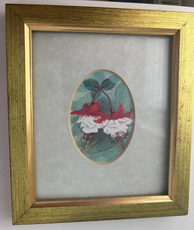 Mounted print of fuchsia flowers in gold frame 5.5″ (14cm) x 5″ (12.75 cm)