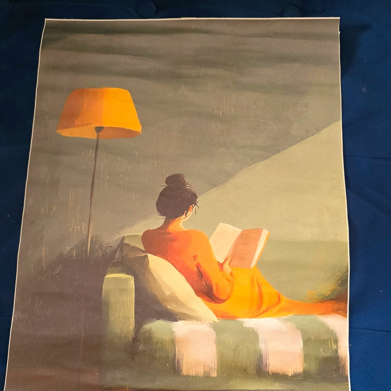 Woman Reading on Sofa Print w/ Yellow Lamp, 16in Portrait, Unframed