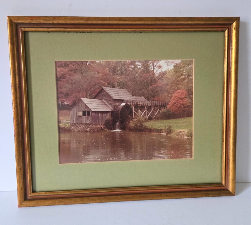 Old Mill Vintage Wood Framed Art Print w/Translucent Glass Matted Copper/Green
