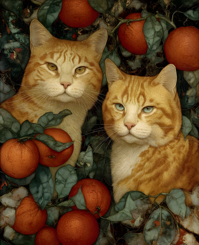 8×10 Two Cats Sitting in Pile of Oranges Art Print – 267942623