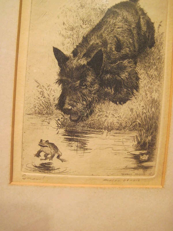 Cute Vintage Etching by Morgan Dennis -" Scram" -Scotty Dog after Frog - 1930's gallery