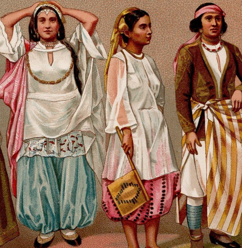 NORTH AFRICA – Working Class and Festive Costume Types – 1876 Chromolithograph