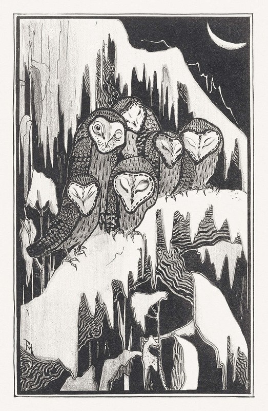 Zes kerkuilen slapend op besneeuwde takken by Theo van Hoytema Art Print