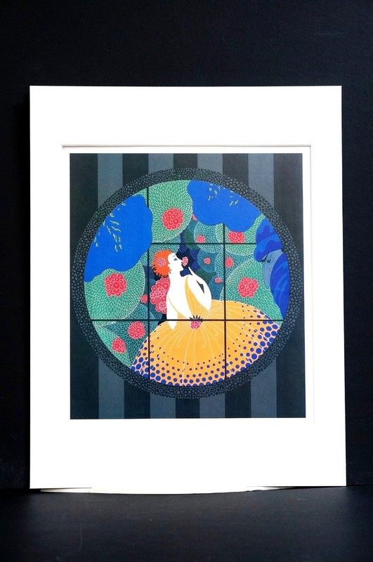 Erte 1987 WINTER FLOWERS SEASONS Lady in Pink w Polka Dots Matted Art Deco Print gallery