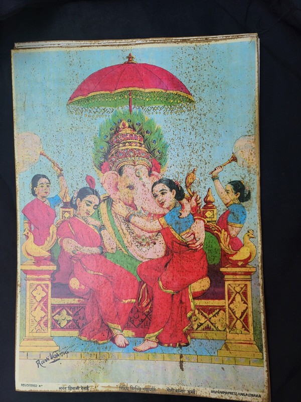 Antique Indian Print by Artist Raja Ravi Varma Subject Ganesha Riddhi Siddhi
