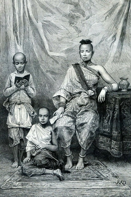 Cochinchina, Cambodian woman and children …..Antique engraving 1875