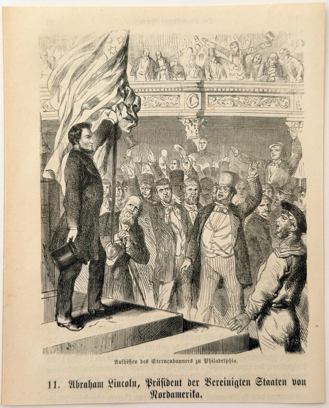 1867 Abraham Lincoln Raising Flag Philadelphia Wood Engraving American Civil War