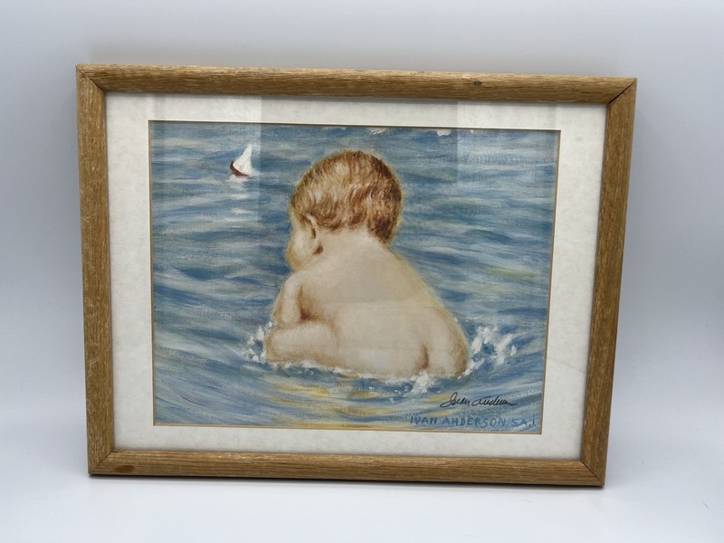 VTG. Wood Framed Lithograph Baby in Water Signed Ivan Anderson, Print Is 10X8