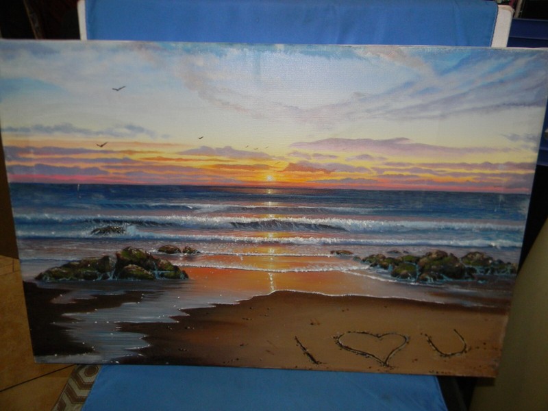 Vintage Embellished Print «I LOVE YOU» Writing On the Sand ~27×18″