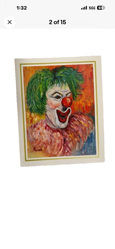 Vintage 1966 Michele Creepy Clown Art Print Green Hair Circus Wall Decor Kitsch