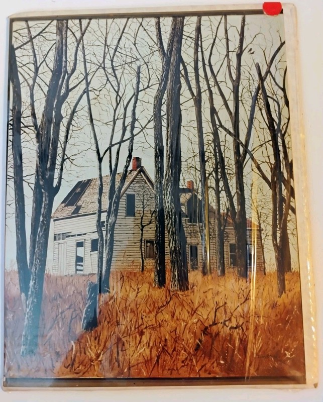 Vintage White Farmhouse Art Print Winter Trees American Realism Landscape Photo