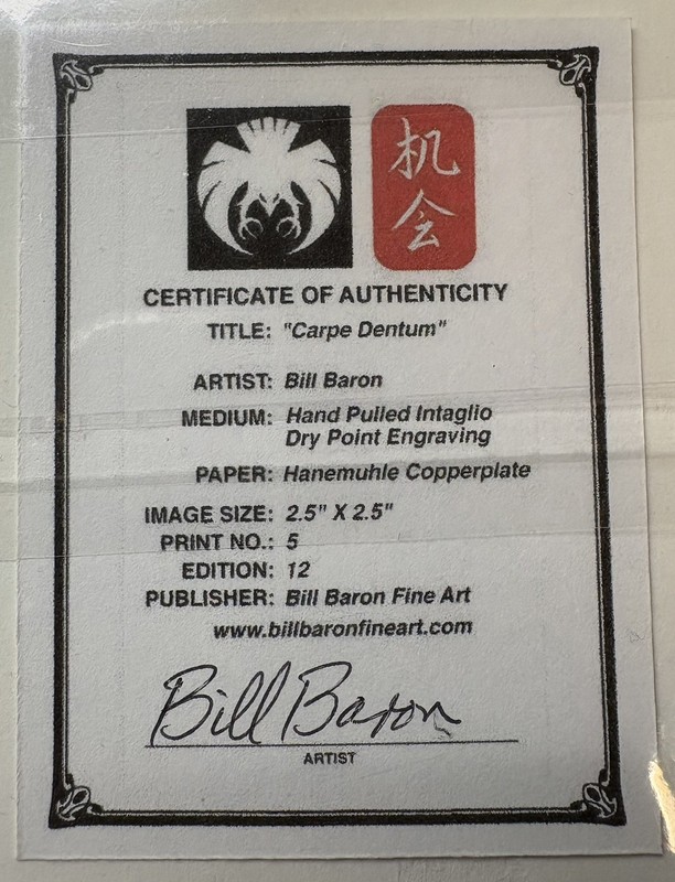 Bill Baron TAOS Signed 5/12 COA Copper Plate Dry Point Engraving “Carpe Dentum” gallery