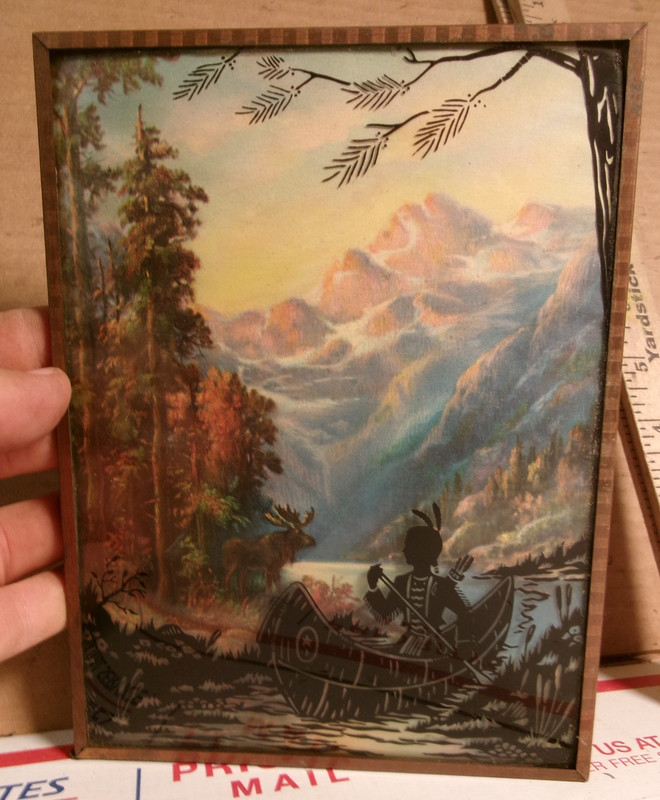 Vintage Reverse Painting Silhouette Canoe Native American Indian Framed