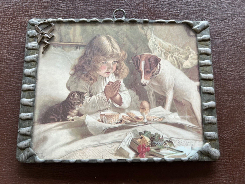 “Suspense” by Charles Burton Barber antique silver metal framed + mirror on back