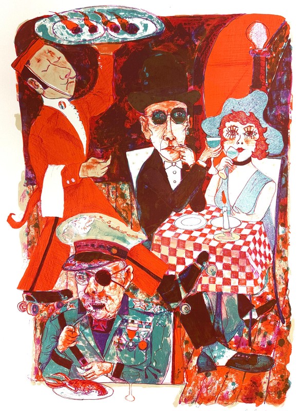 FLAMING MEATBALLS Bright colors Lithograph by David Driesbach 1977 romantic