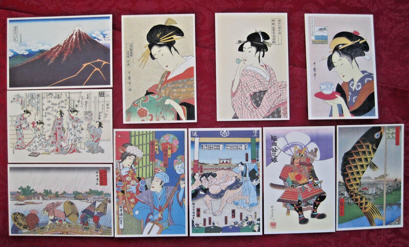 Set of 10 Vintage Japanese Ukiyoe Postcards of Famous Woodblock Prints /Mint