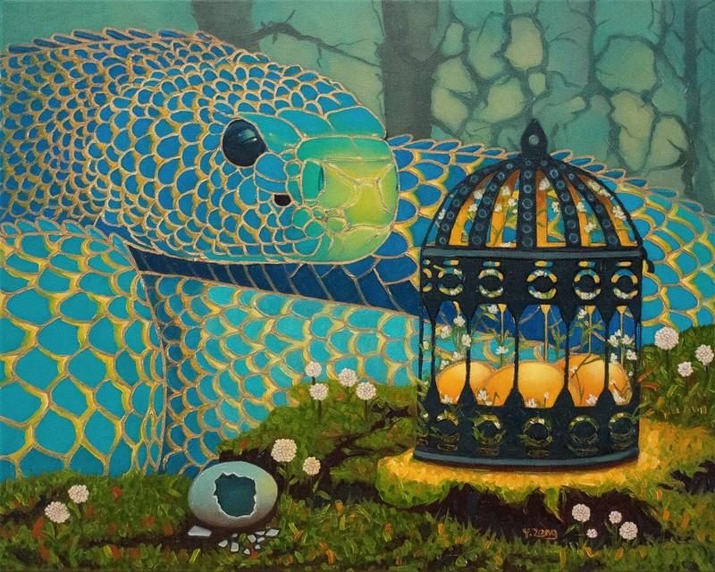 Giclee fine art print of oil painting Blue serpent, fantasy 8″×10″, 16″×20″