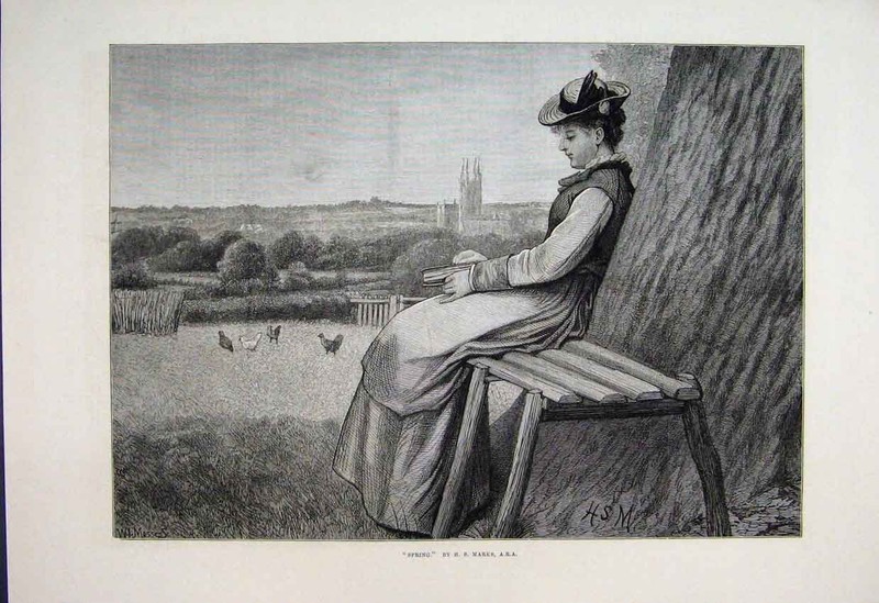 Original Old Antique Print 1878 Spring Woman Bench Chickens Country Scene 19th