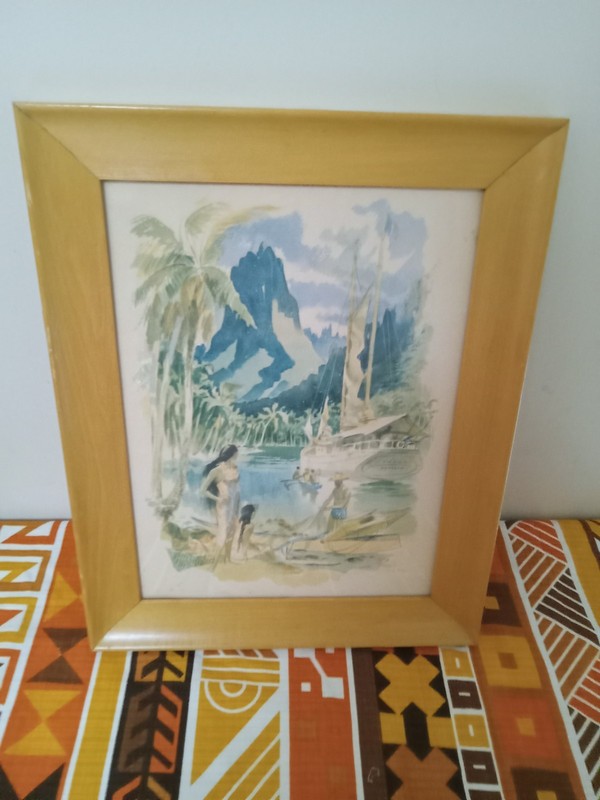 Vintage Tahiti Louis Macouillard Framed Water Color Blonde Wood Frame Tropical gallery