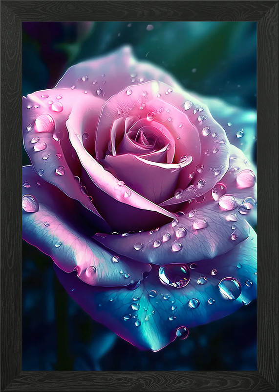 blue and pink rose in rain Framed Wall Art Poster Canvas Print Picture