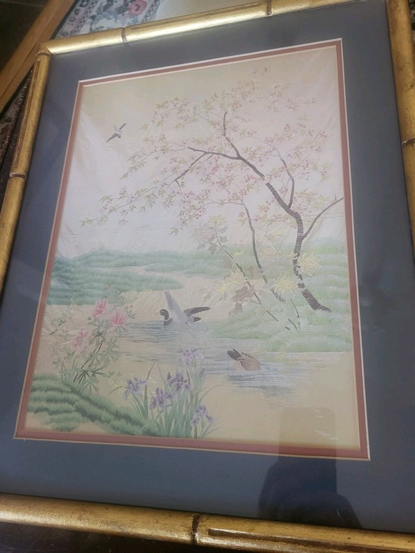Framed Print Silk Embroidery by S. Lida Kyoto Japan Ducks Bamboo Frame