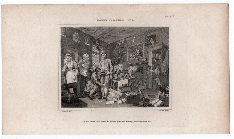 HOGARTH -Rake’s Progress No.1 Tailor Servants Inheritance 1812 Antique Engraving gallery