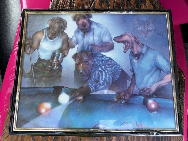 Vintage 1997 Mauro McPhail «Dogs Playing Pool» Framed Print – Hidden Cat Art