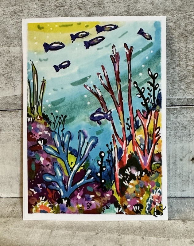 ACEO Original PRINT Underwater, Coral Reef, Print Sun Under Water, Fish
