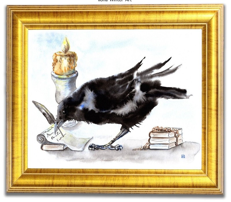 Personalised Watercolour Crow Writting the Letter Painting Print by Ilona Winter