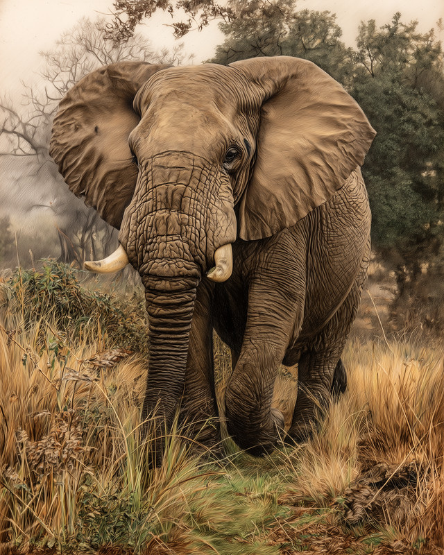 8×10 African Elephant in Tall Grass Safari Wildlife Art Print – 145320088