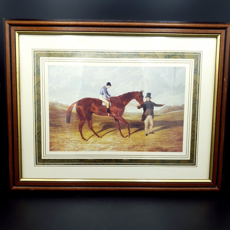 Horse Racing Print Horse & Jockey on course Dark Wood Frame L45.5cm x H35.5cm