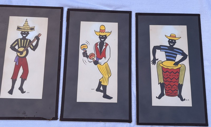 Vintage 50’s MCM Musician Trio Caribbean Folk Art Watercolor Prints Set Of 3