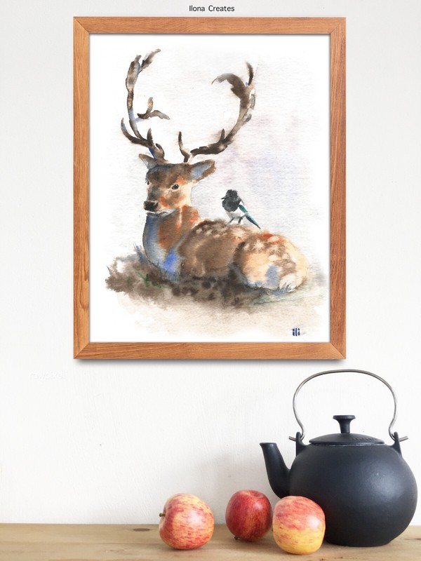 Watercolour Stag Magpie Painting Art Limited Edition Print from Original by ili