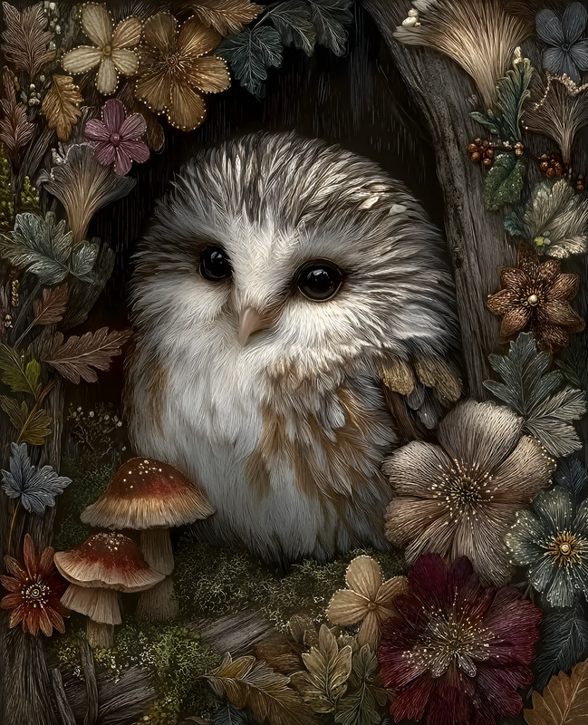 8×10 Cozy Storybook Bird Sitting in Tree Surrounded By Art Print – 442039346