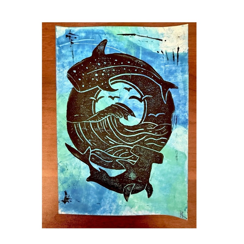 “Move in Currents”Original Whale Shark Linoprint Hand Pulled Ocean Print Coastal
