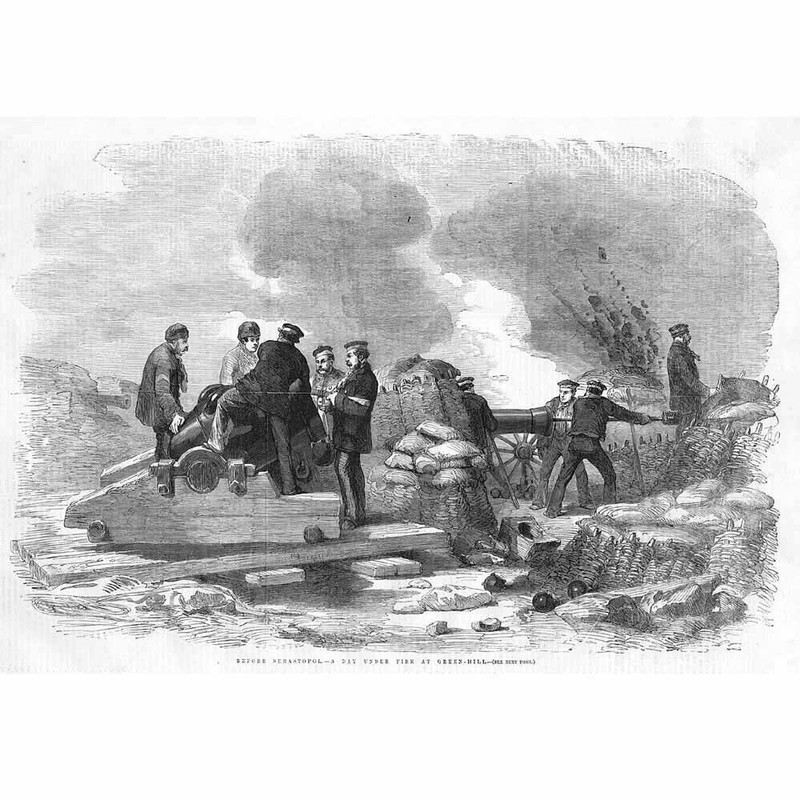 CRIMEAN WAR A Day Under Fire at Green Hill Sevastopol – Antique Print 1855