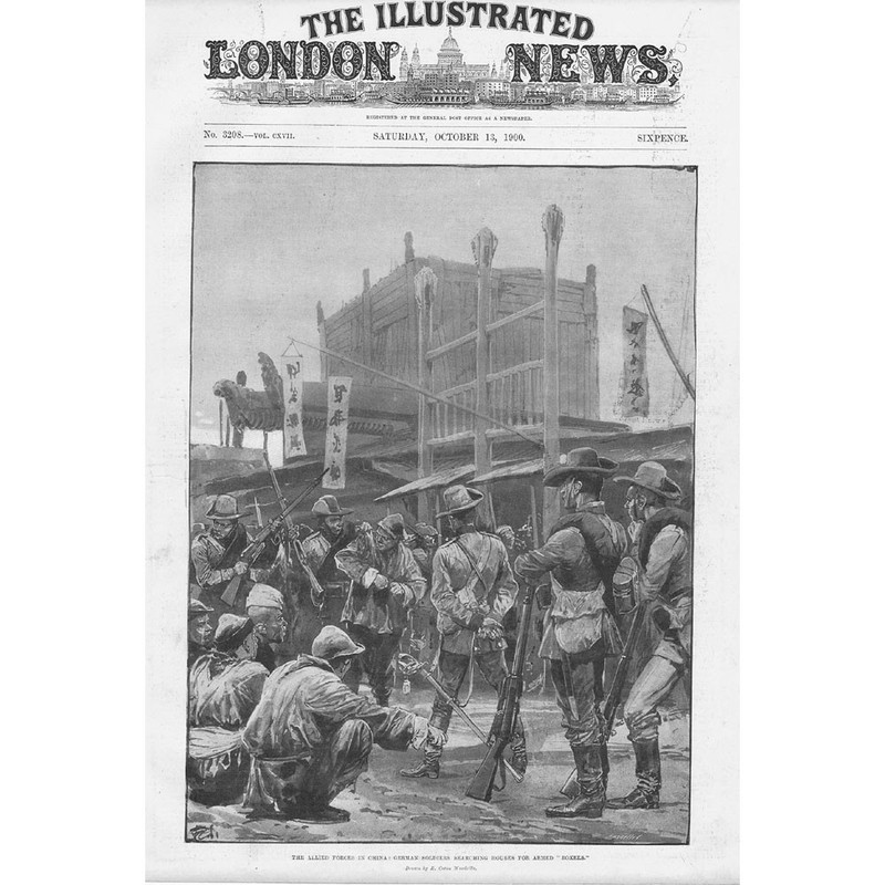 CHINA German Soldiers Searching Houses for armed Boxers – Antique Print 1900