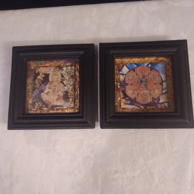 2 Small Buddha Art Pictures In Black Shadow Box Frames 6"x6" Copper Multicolored gallery