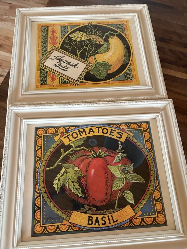 Two M.W. Ingersoll Herbs & Vegetables Prints Basil Squash Dill Tomatoes Framed