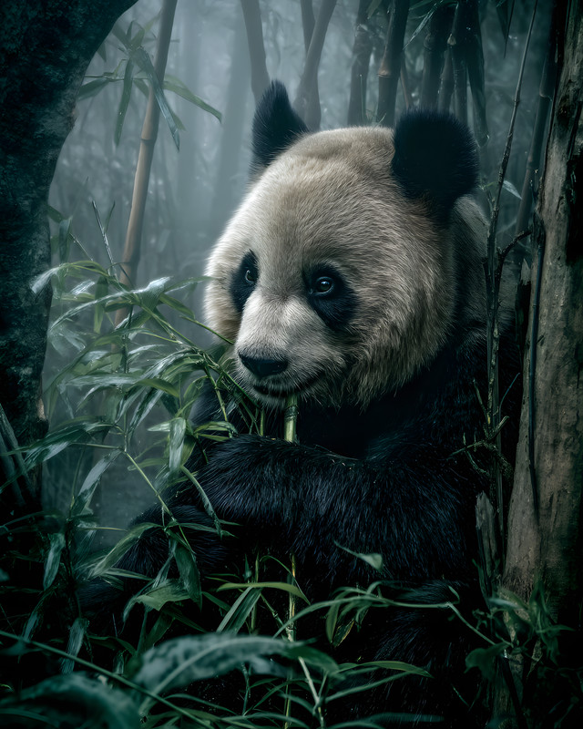 8x10 Giant Panda in Shadowy Bamboo Forest Art Print - 912681952