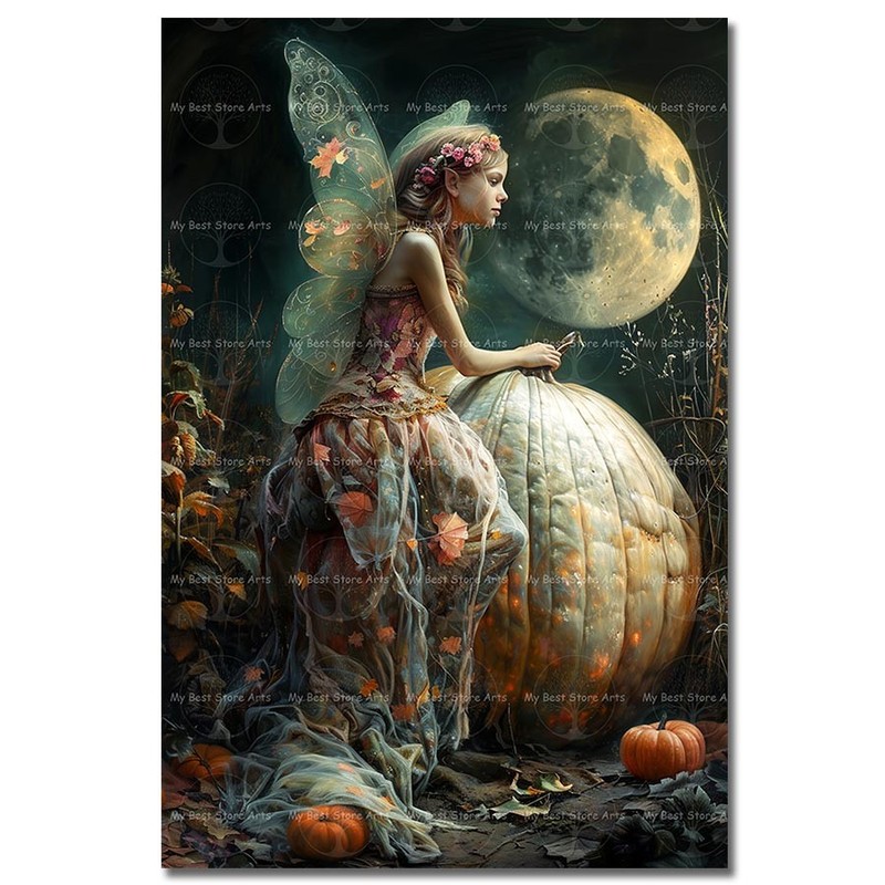 Fairy Moon Art Print, Pumpkin Fairy Poster, Fantasy Wall Decor
