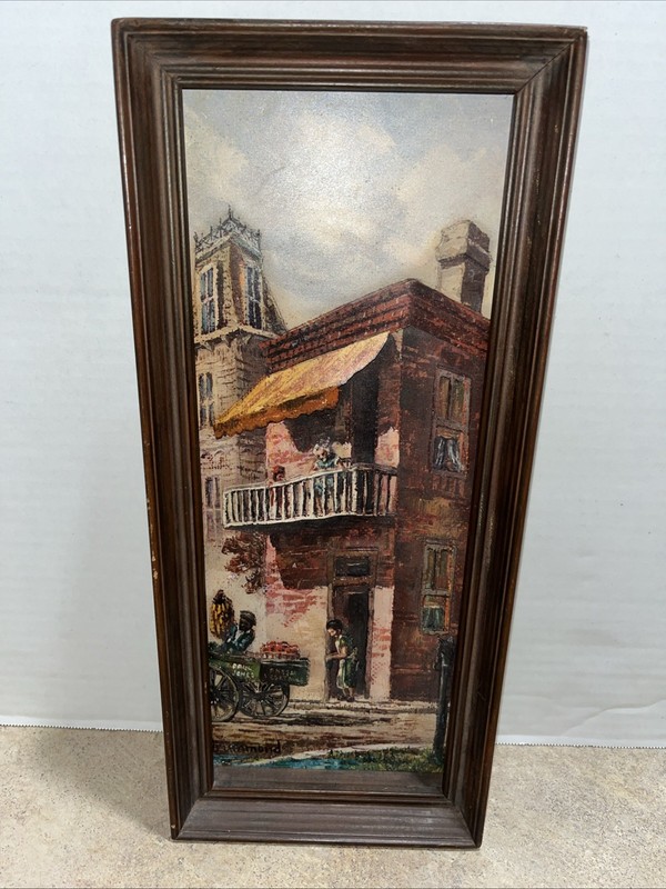 Vintage 3D Rustic Paper Art Framed Picture. Featuring City/Cart Signed. 16X7 In