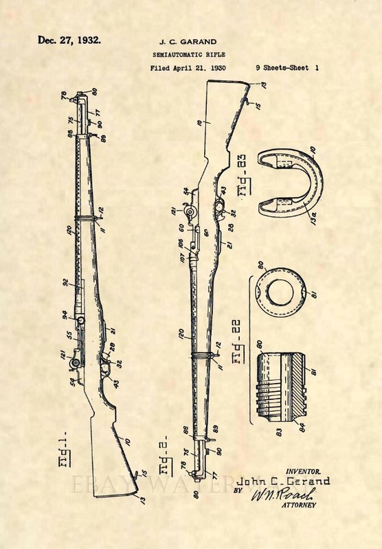 M1 Garand Rifle Official US Patent Art Print- Vintage Firearm WWII WW2 Gun -293