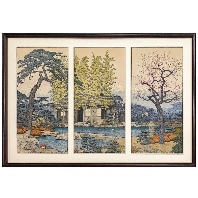 Toshi Yoshida «Early Spring Three Friends» Woodblock Print 3PiecesFramed Signed