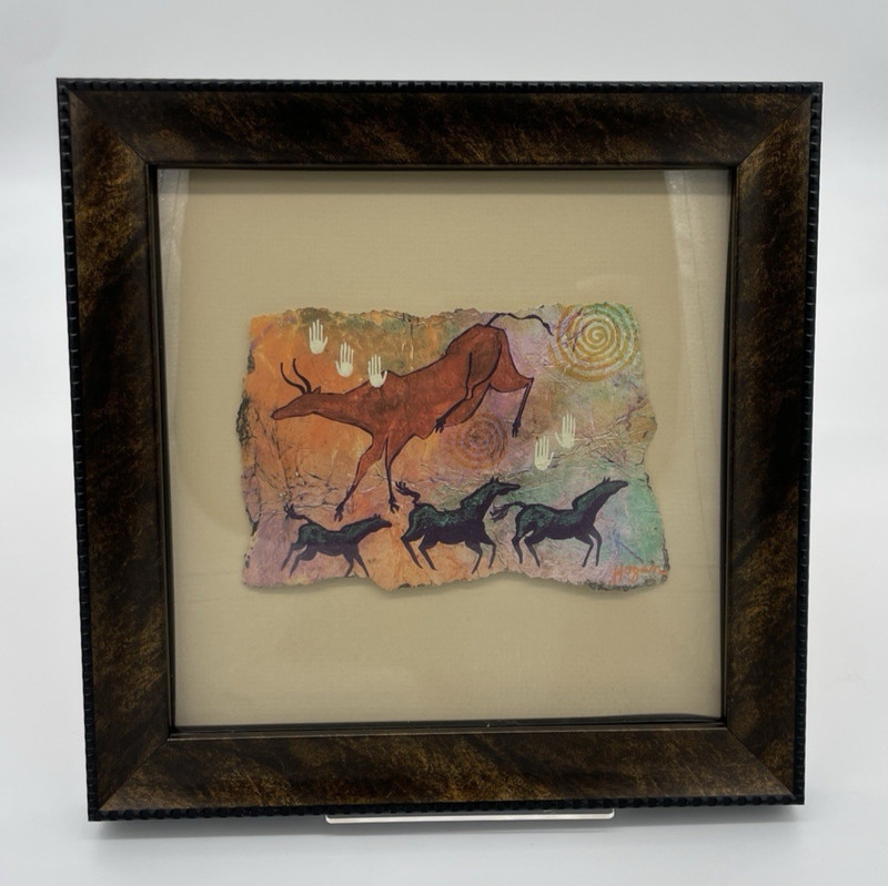 Ginny Hogan Framed WILD COW & BLUE HORSES Shamanic Sante Fe Petroyglyph Wall Art