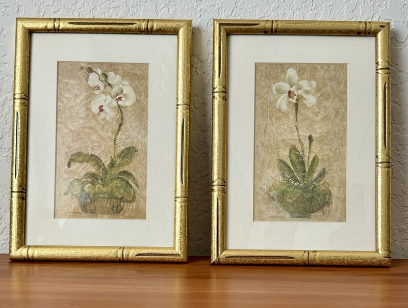 Vtg Framed Art Prints Orchids Matted Gold Bamboo Frames 11” X 8” Set Of 2 gallery