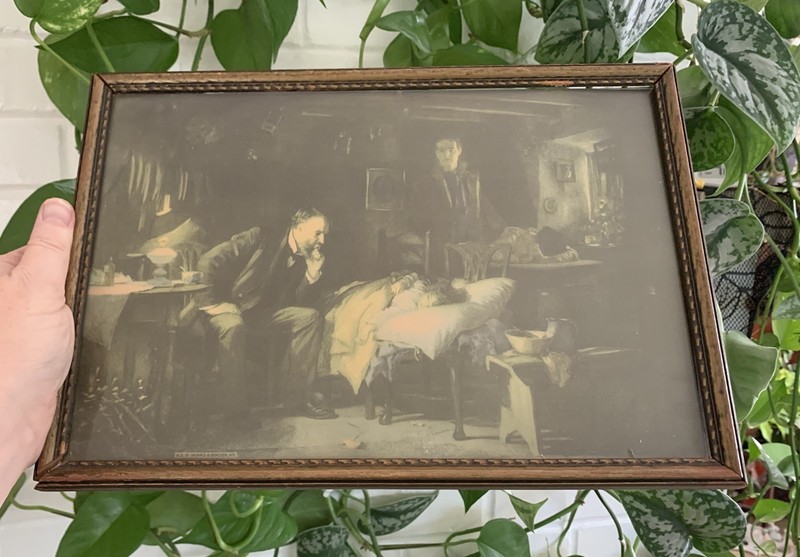 Antique/Vintage Wooden Framed Print «The Doctor» By Sir Luke Fildes, 9×13”